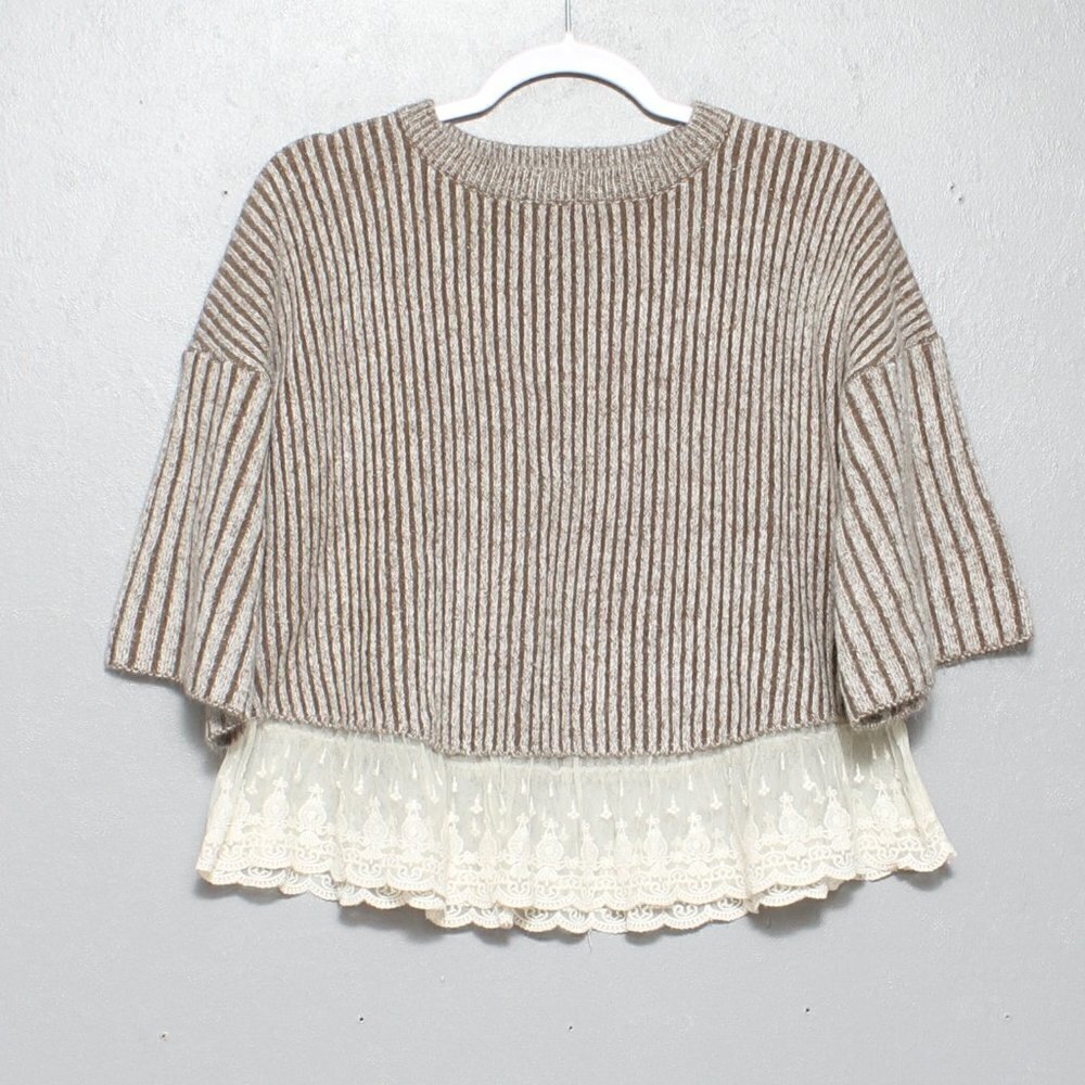 THML Anthropologie crop thick ribbed lace hem short sleeve sweater